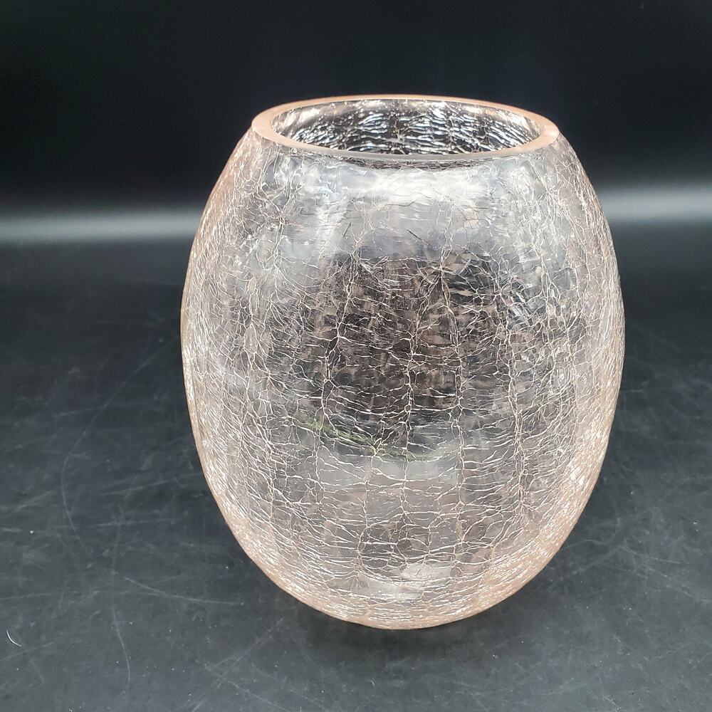 Vintage Light Pink Crackle Glass Vase Hand Blown Art Glass Rounded